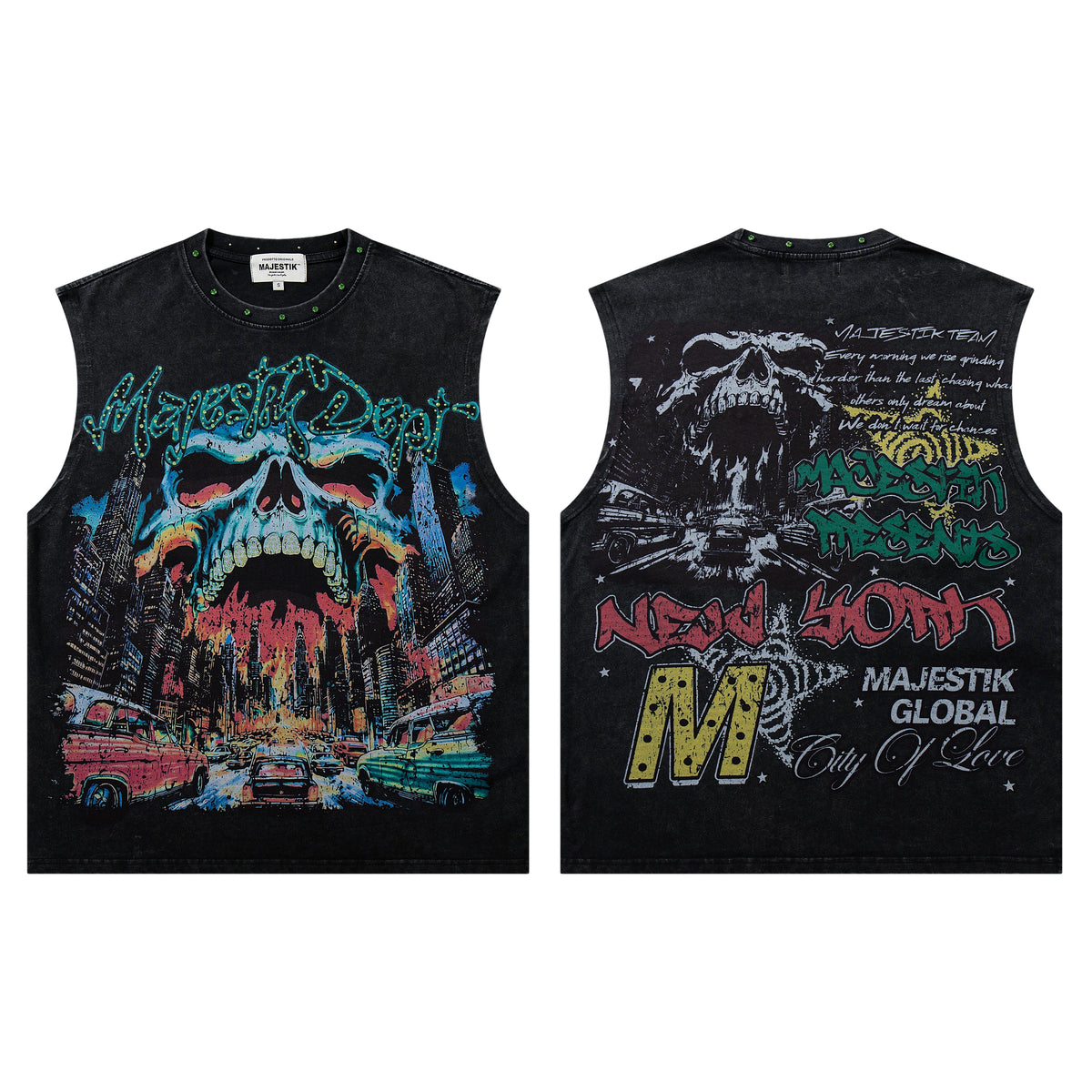 Majestik Dept Skull New York City Street Vintage Washed Black Studded Sleeveless Tank Top