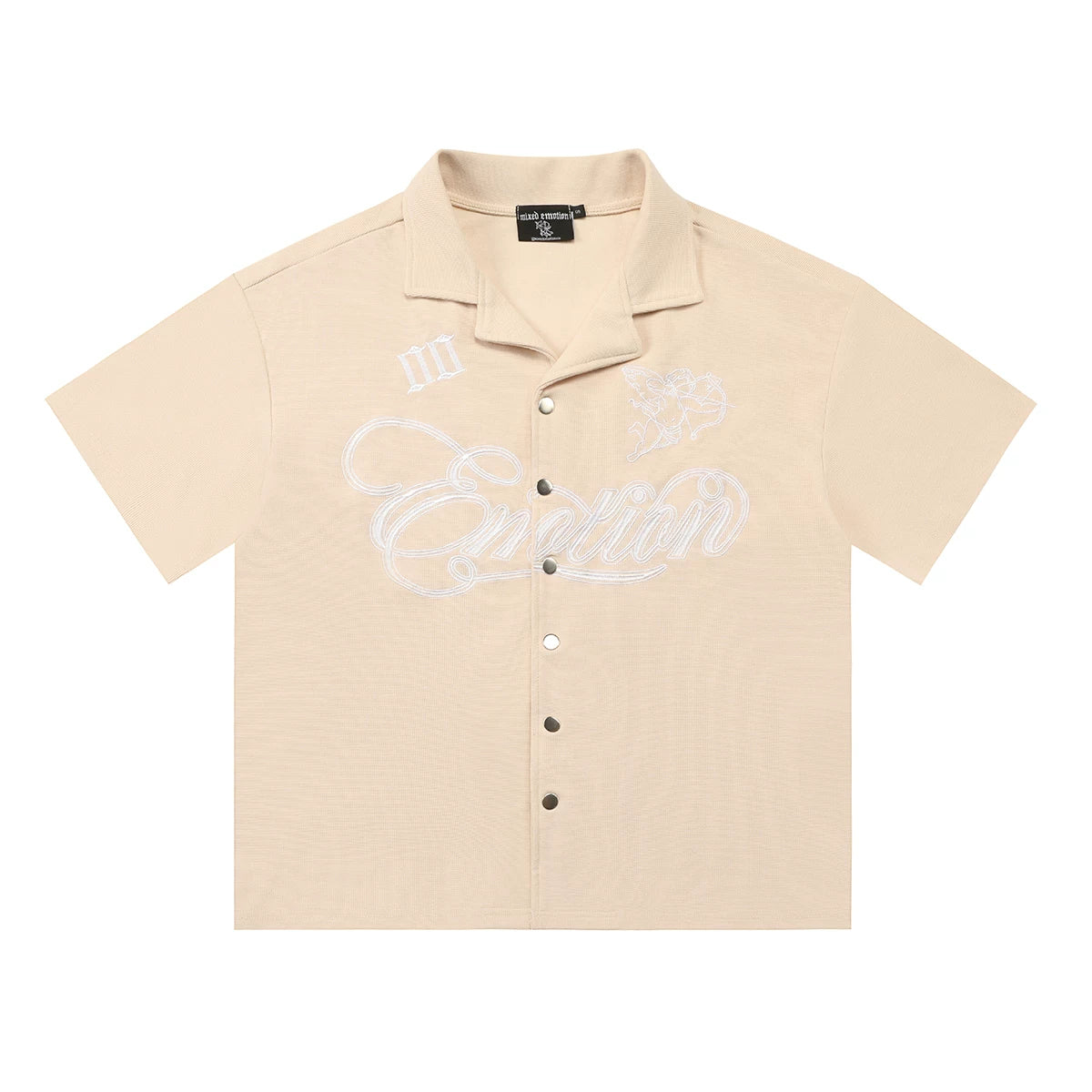 Mixed EMOTION Cursive Cupid Beige Camp Collar Short‑Sleeve Button‑Up Shirt
