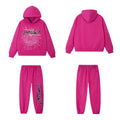SP5DER Punk Web Graphic Pullover Hoodie and Sweatpants Matching Set - Pink