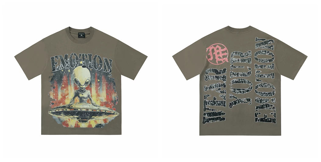 Mixed EMOTION Alien UFO Fire Background Grey‑Brown Oversized Graphic Tee