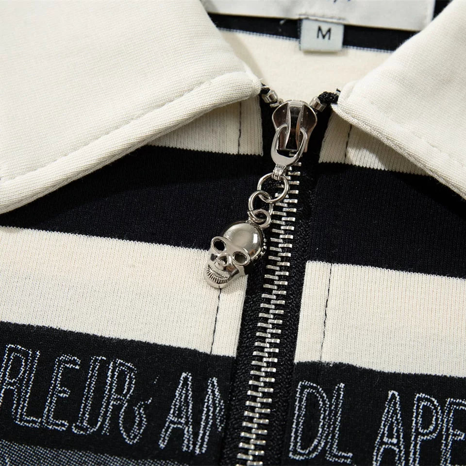 Majestik Crown Of Thorns Skull Eye Black White Stripe Half‑Zip Polo Shirt