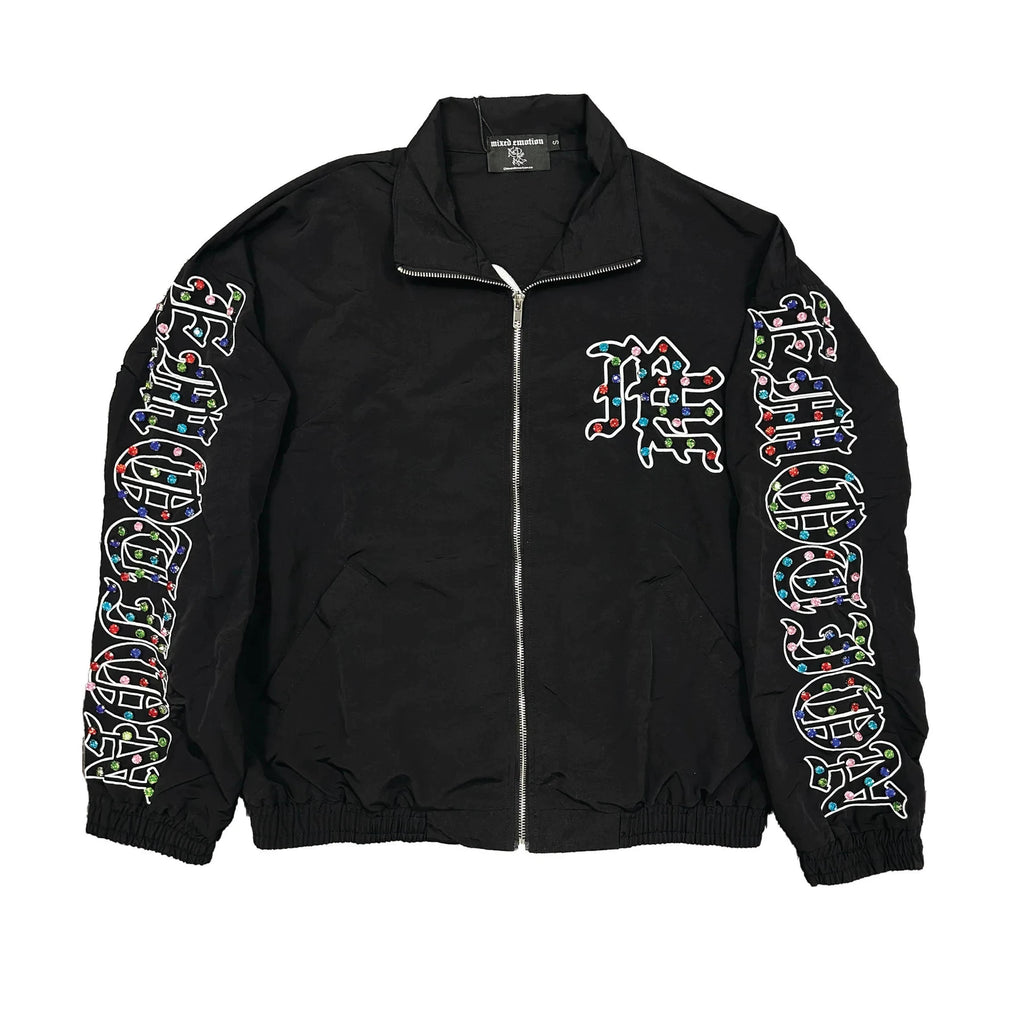 Mixed EMOTION Color Rhinestone Letter Zip‑Up Windbreaker Jacket