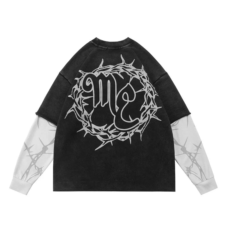Mixed EMOTION Thorn Crown Emotion Vintage Washed Black Fake Two‑Piece Long Sleeve Tee