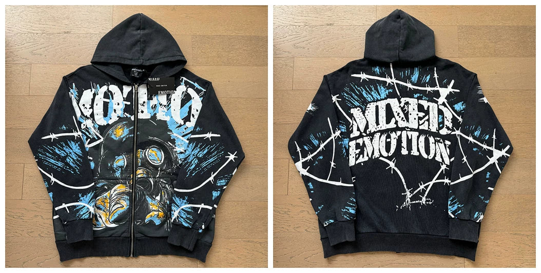 Mixed EMOTION Gas Mask Barbed Wire Vintage Washed Black Full‑Zip Hoodie