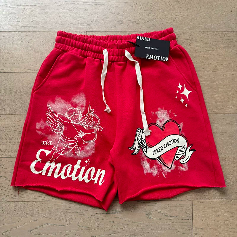 Mixed EMOTION Cupid Heart Graphic Red Raw Hem Sweat Shorts