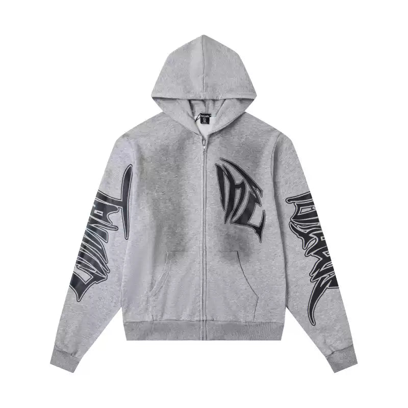 Mixed EMOTION Gothic Wing Letter Heather Gray Full‑Zip Hoodie