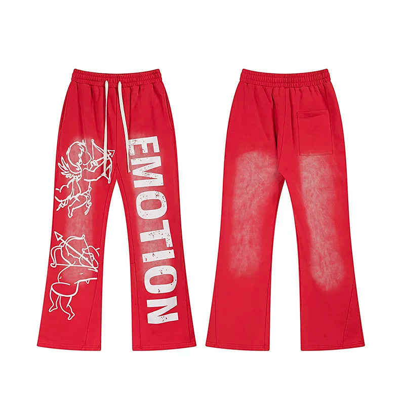 MIXED EMOTION Cupid Angel Print Vintage Washed Red Flared Sweatpants