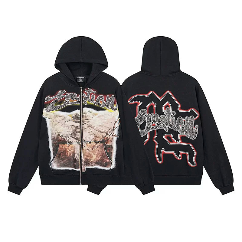 Mixed EMOTION Rhinestone Cursive Angel Painting Black Full‑Zip Hoodie