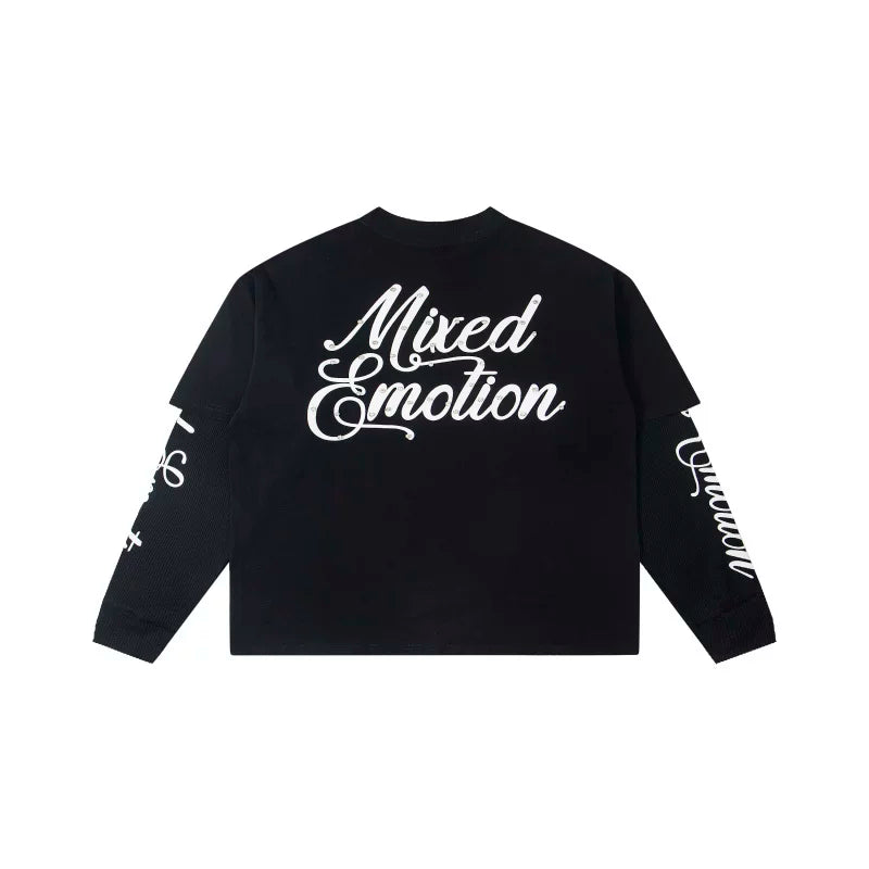 Mixed EMOTION Cupid Arrow Fake Two‑Piece Long Sleeve Black Tee