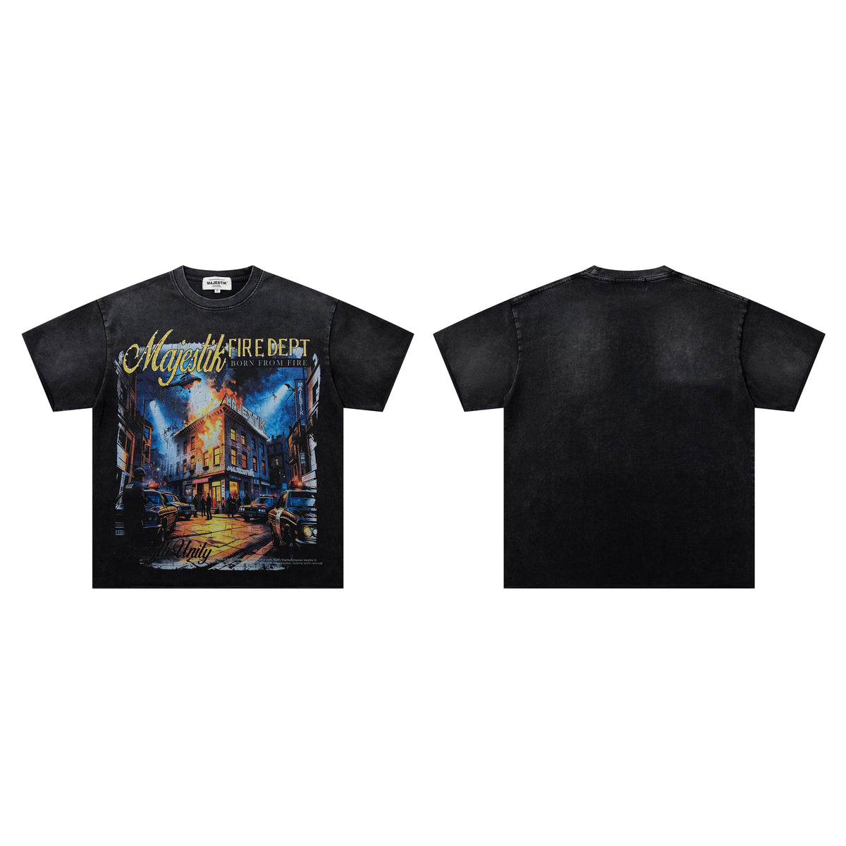 Majestik Fire Dept Born From Fire Burning City Vintage Washed Oversized Graphic Tee
