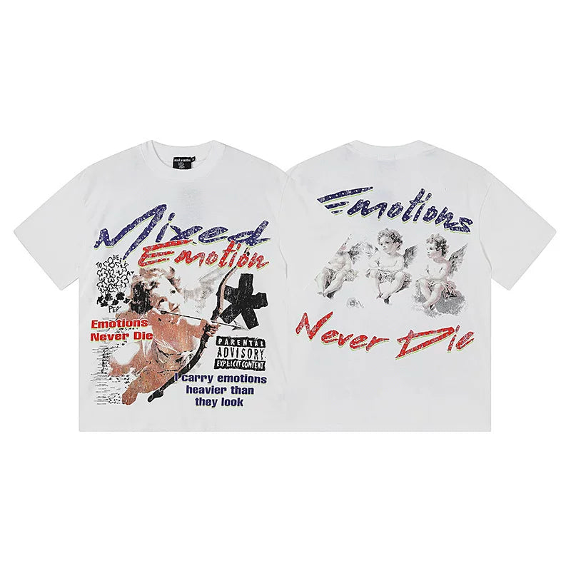 Mixed EMOTION Never Die Cupid Archer White Oversized Graphic Tee