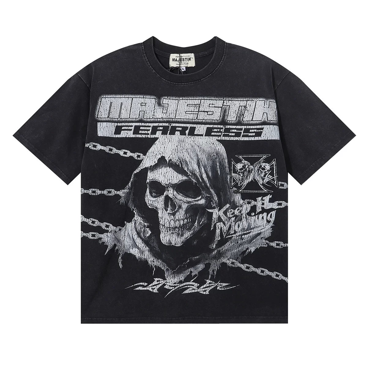 Majestik Fearless Hooded Skull Chain Vintage Washed Oversized Graphic Tee