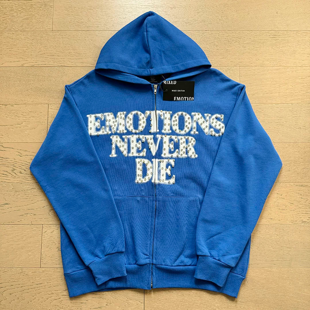 Mixed EMOTION Never Die Studded ME Monogram Royal Blue Full‑Zip Hoodie