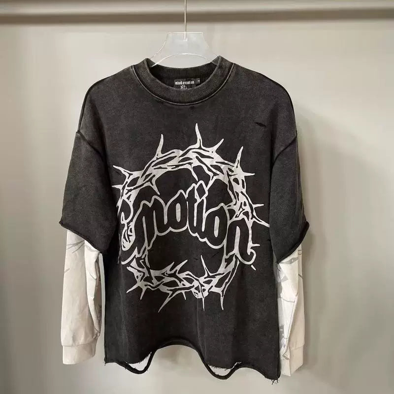 Mixed EMOTION Thorn Crown Emotion Vintage Washed Black Fake Two‑Piece Long Sleeve Tee