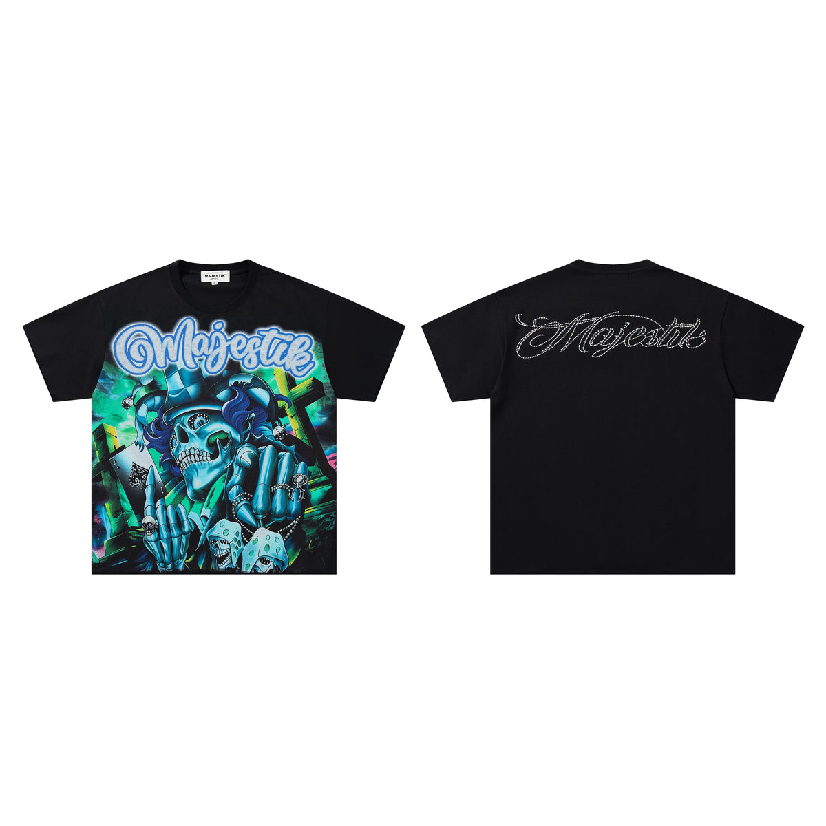 Majestik Skull Gambler Top Hat Dice Cards Neon Vintage Black Oversized Graphic Tee