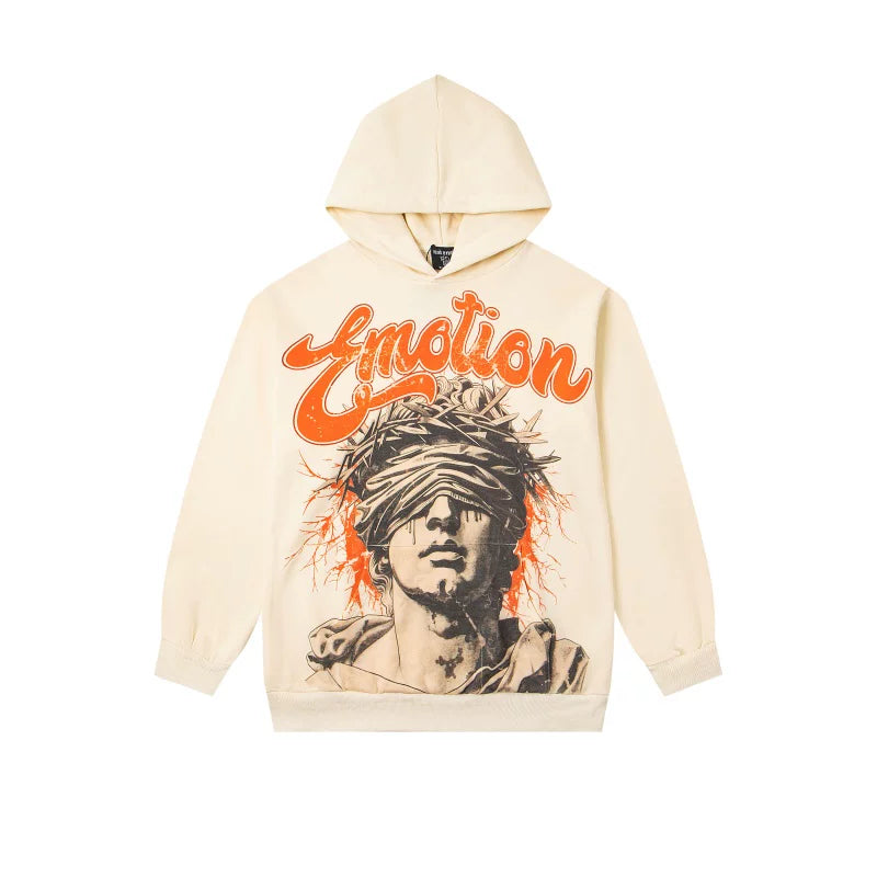 Mixed EMOTION Blindfolded Crown‑of‑thorns Figure Cream Pullover Hoodie