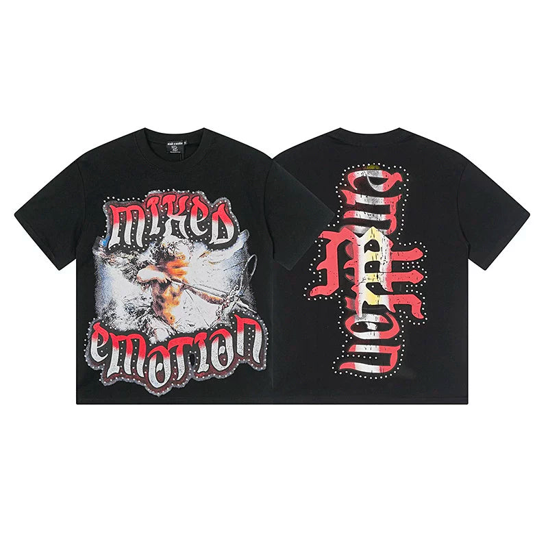 Mixed EMOTION Cupid Archer Rhinestone Gothic Letter Black Oversized Graphic Tee