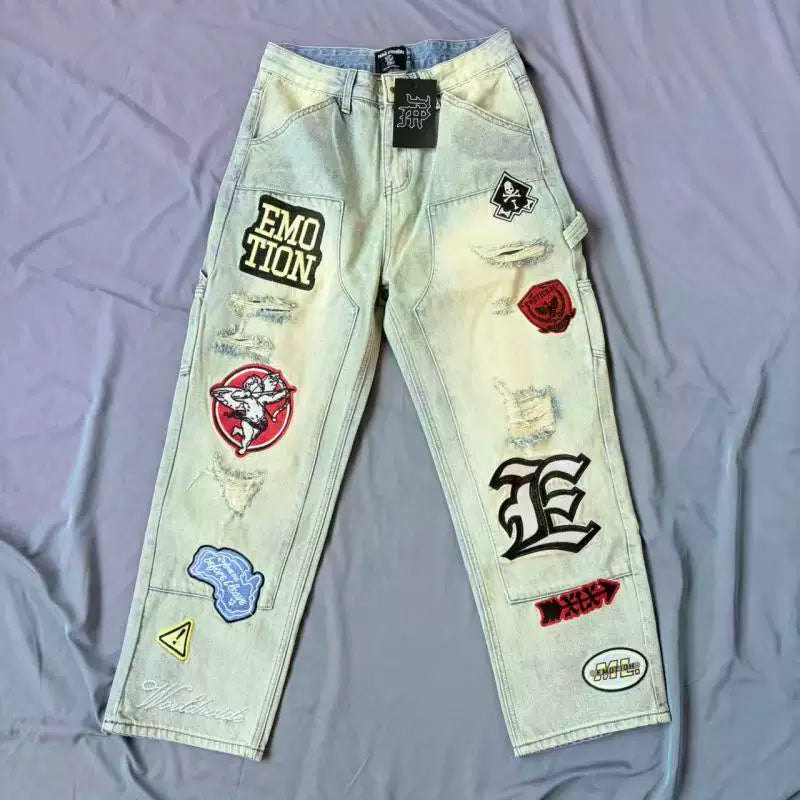 Mixed EMOTION Distressed Multi‑Patch Embroidered Carpenter Jeans