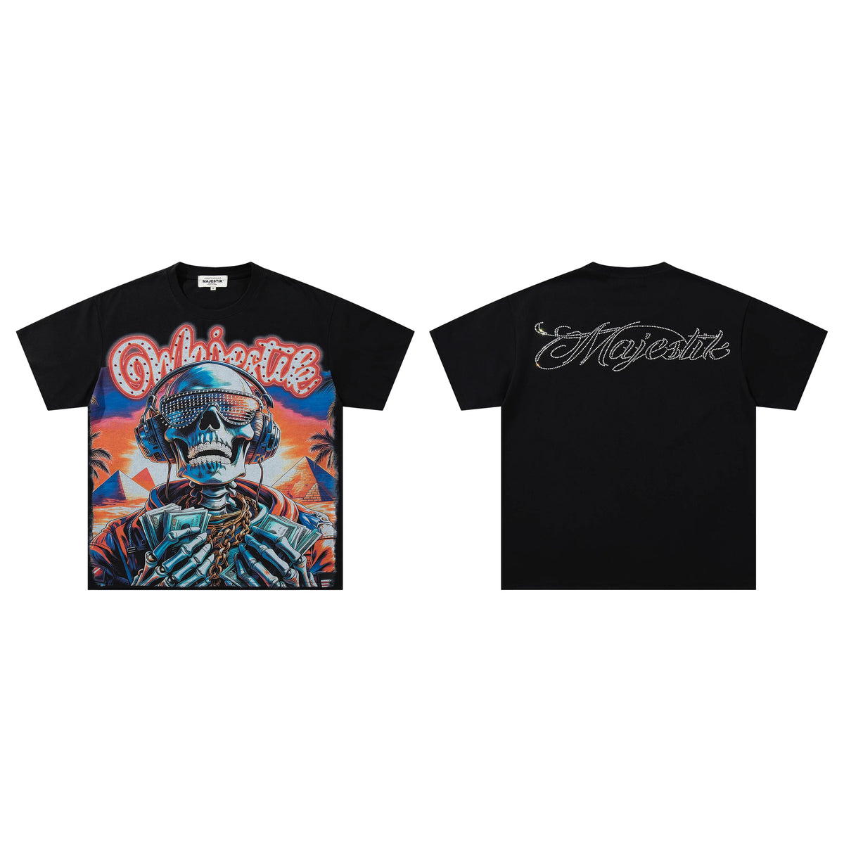 Majestik DJ Skull Money Pyramid Palm Tree Vintage Black Oversized Graphic Tee