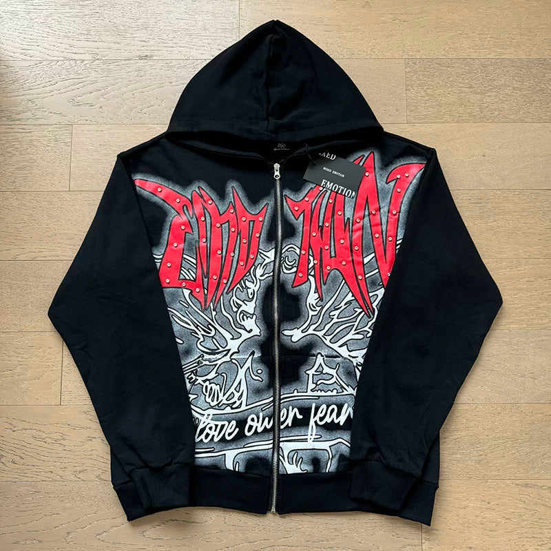 Mixed EMOTION Gothic Studded Full‑Zip Hoodie