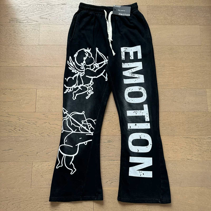 MIXED EMOTION Cupid Angel Print Vintage Washed Black Flared Sweatpants