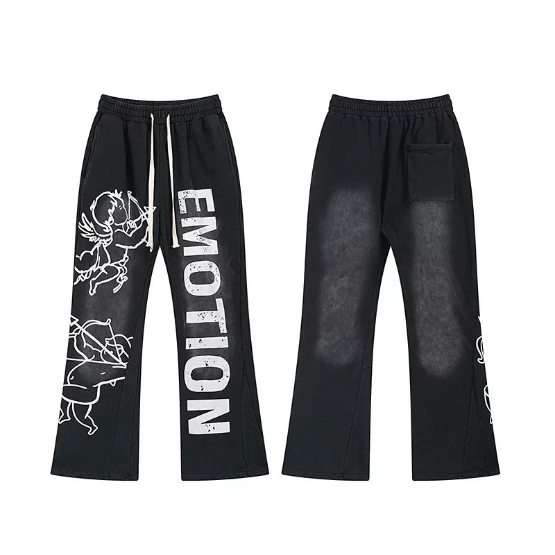 MIXED EMOTION Cupid Angel Print Vintage Washed Black Flared Sweatpants