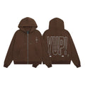 Streetwear "YUP!" Lettering Graphic Zip-Up Hoodie - Brown