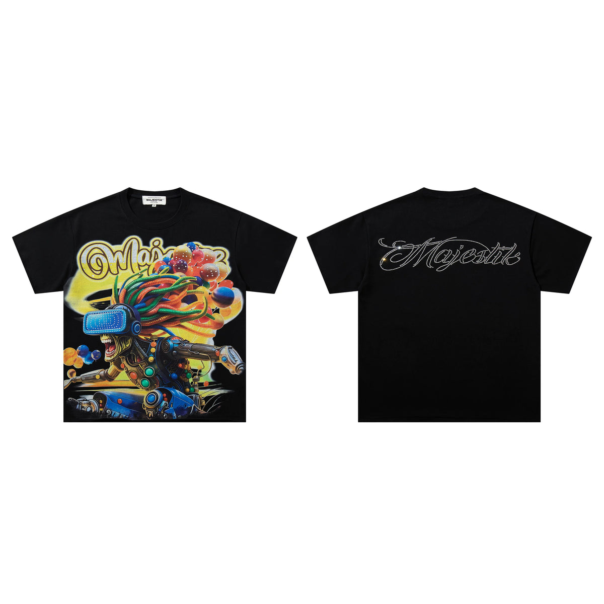 Majestik VR Robot Dreadlocks Balloons Futuristic Vintage Black Oversized Graphic Tee