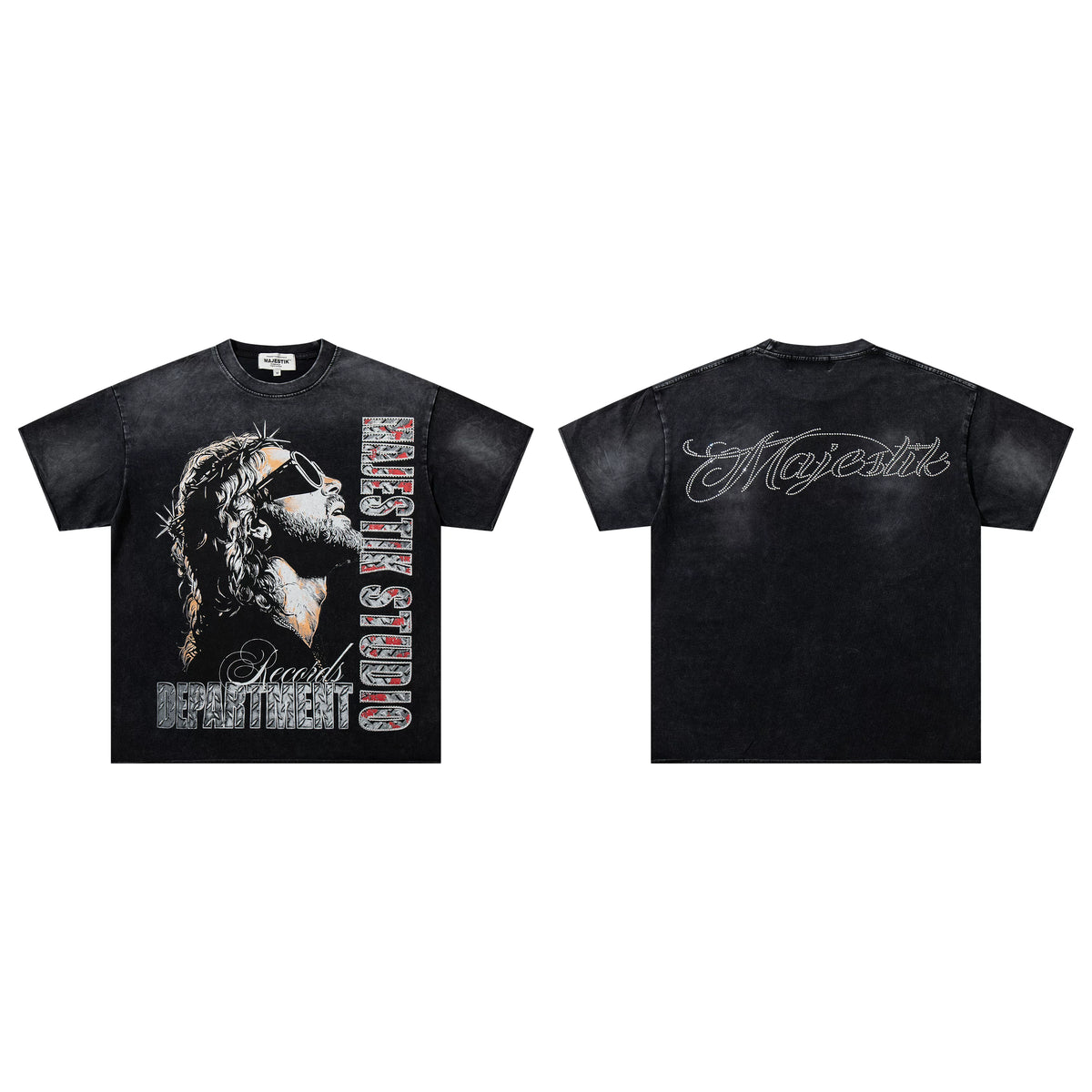 Majestik Studio Records Department Sunglasses Portrait Vintage Washed Black Oversized Graphic Tee
