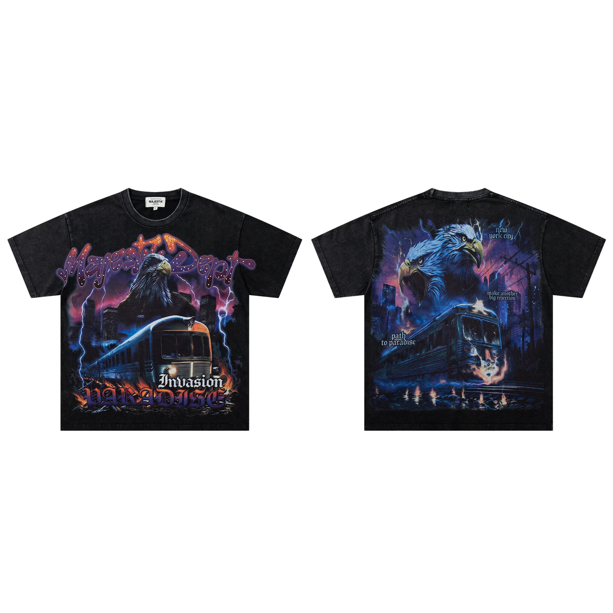 Majestik Dept Invasion Paradise Eagle Subway Lightning City Vintage Washed Black Oversized Graphic Tee