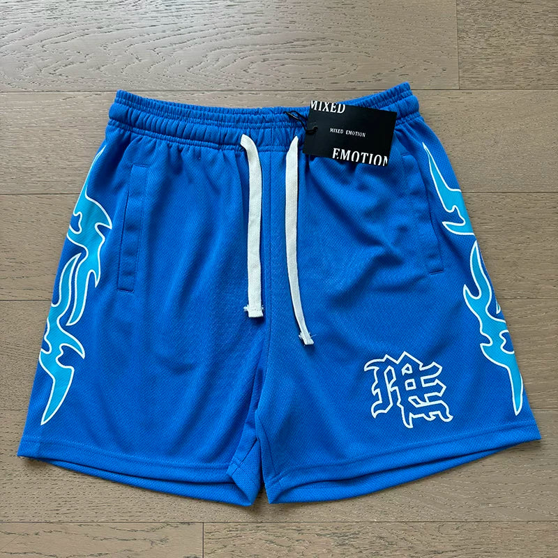 Mixed EMOTION Blue Flame Graphic ME Monogram Royal Blue Mesh Shorts