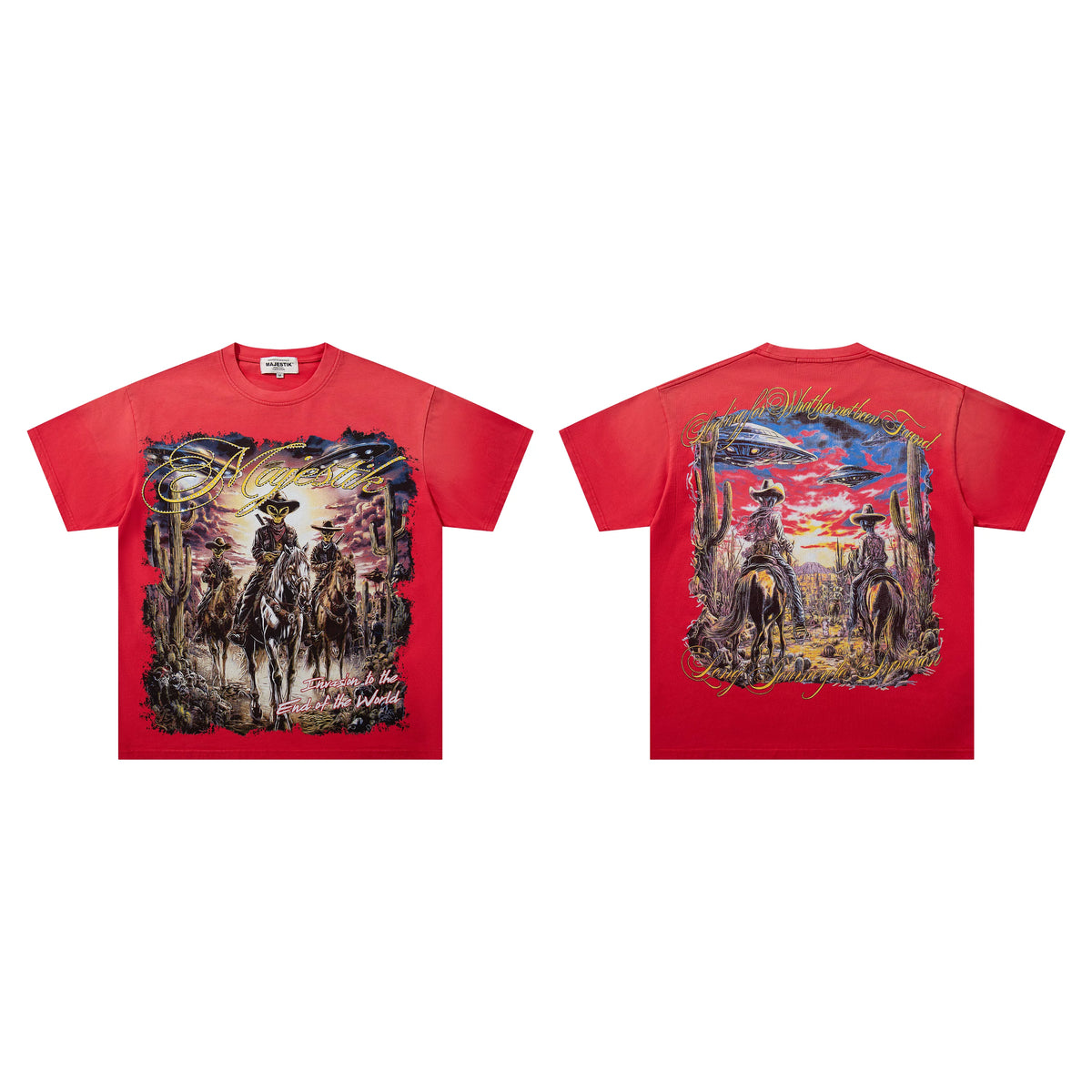 Majestik Eyes In The End Of The World Cowboy UFO Desert Vintage Washed Red Oversized Graphic Tee