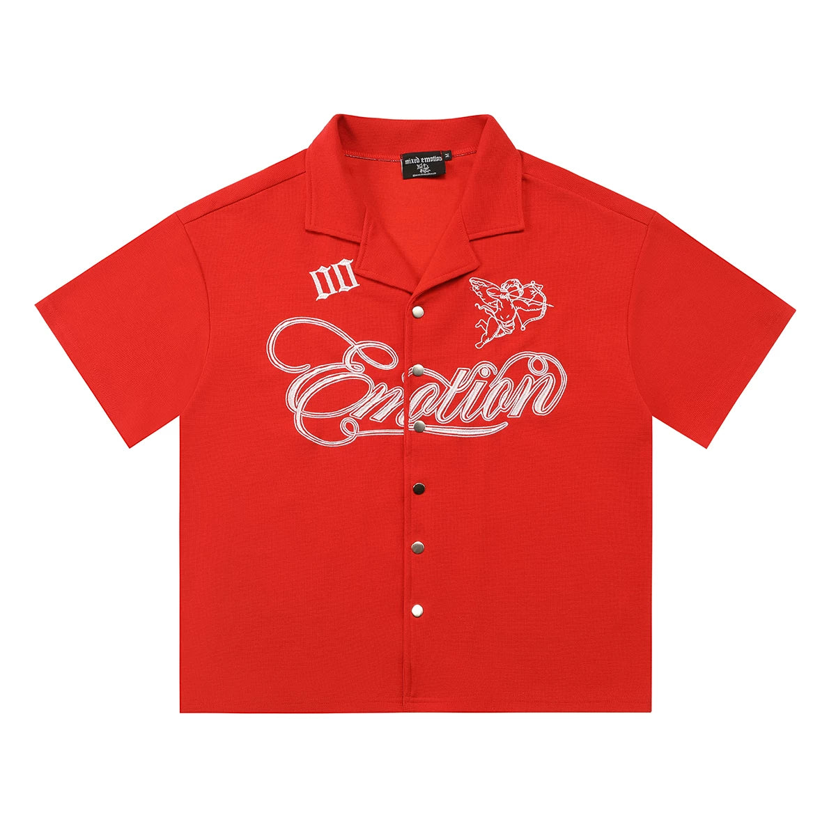 Mixed EMOTION Cupid Graphic Red Camp Collar Short‑Sleeve Button‑Up Shirt