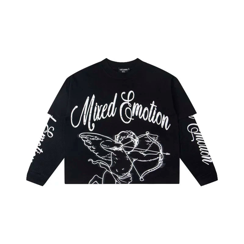 Mixed EMOTION Cupid Arrow Fake Two‑Piece Long Sleeve Black Tee