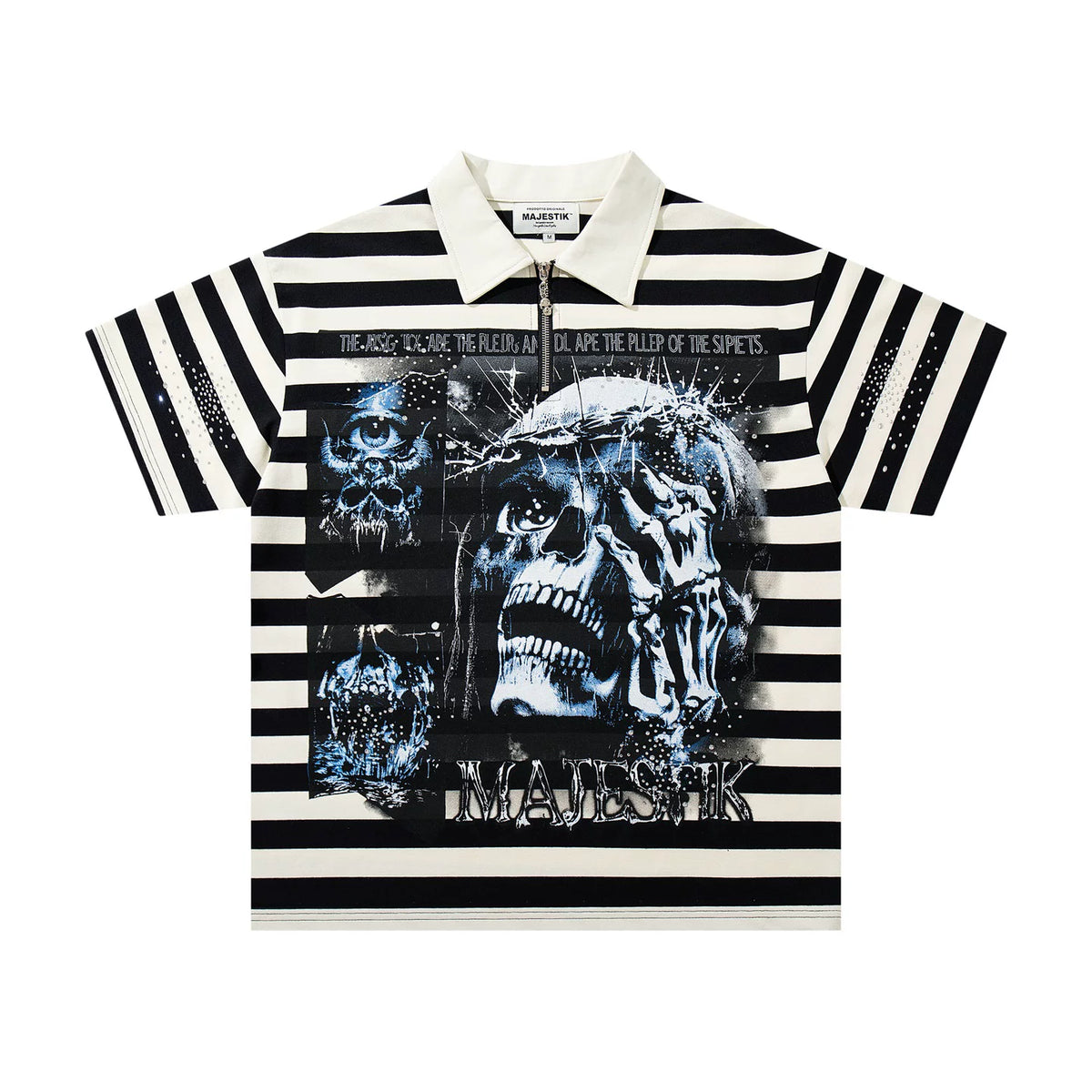 Majestik Crown Of Thorns Skull Eye Black White Stripe Half‑Zip Polo Shirt