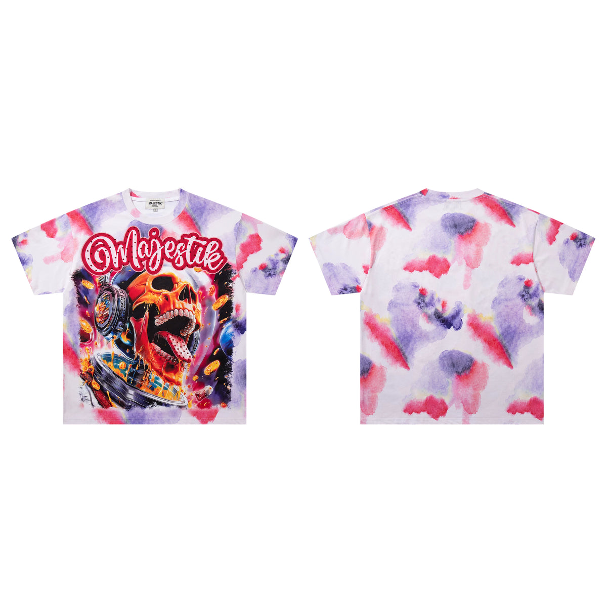 Majestik Space Skull Headphone Cosmic Tie‑Dye Pink Purple Oversized Graphic Tee