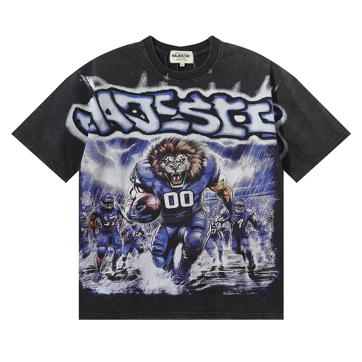 Majestik Lion Football Player Storm Vintage Washed Oversized Graphic Tee