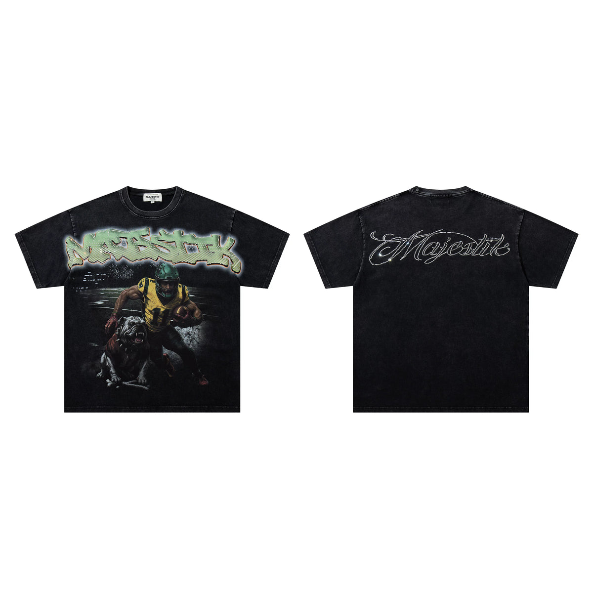 Majestik Football Player 11 With Bulldog Night City Vintage Washed Oversized Graphic Tee