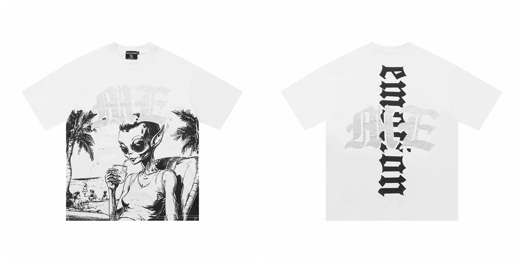 Mixed EMOTION Alien Beach Vacation Sketch White Oversized Graphic Tee