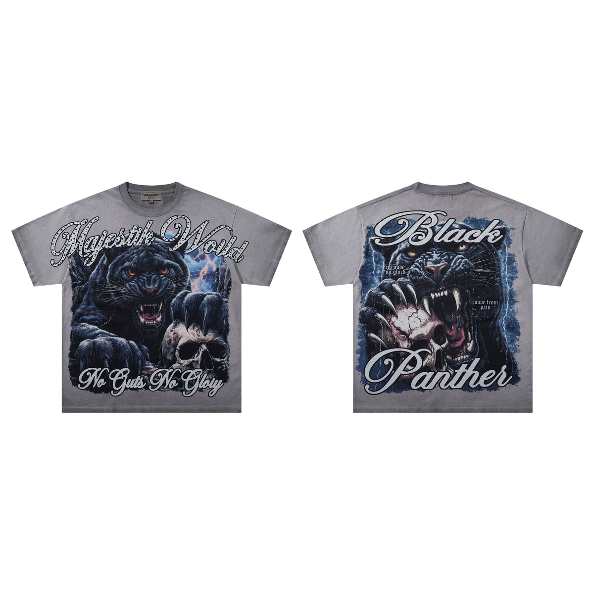 Majestik World Black Panther Skull No Guts No Glory Vintage Washed Grey Oversized Graphic Tee