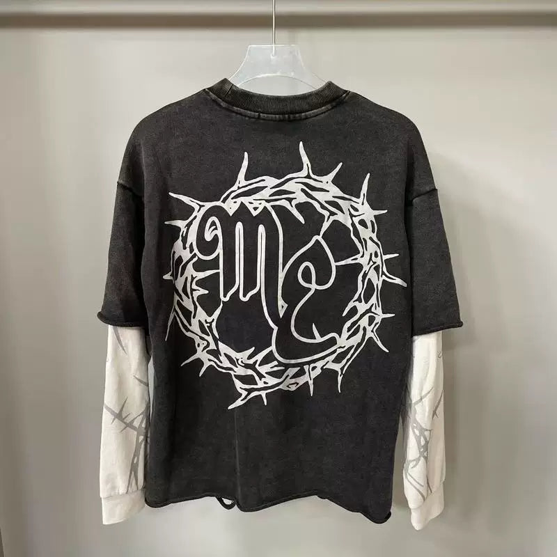 Mixed EMOTION Thorn Crown Emotion Vintage Washed Black Fake Two‑Piece Long Sleeve Tee