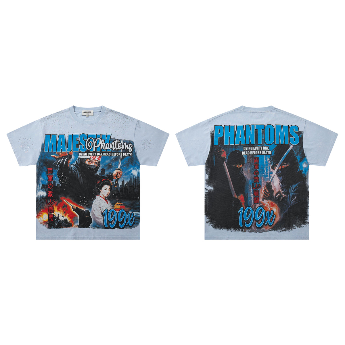Majestik Phantoms 199x Ninja Samurai Geisha City Vintage Washed Light Blue Oversized Graphic Tee
