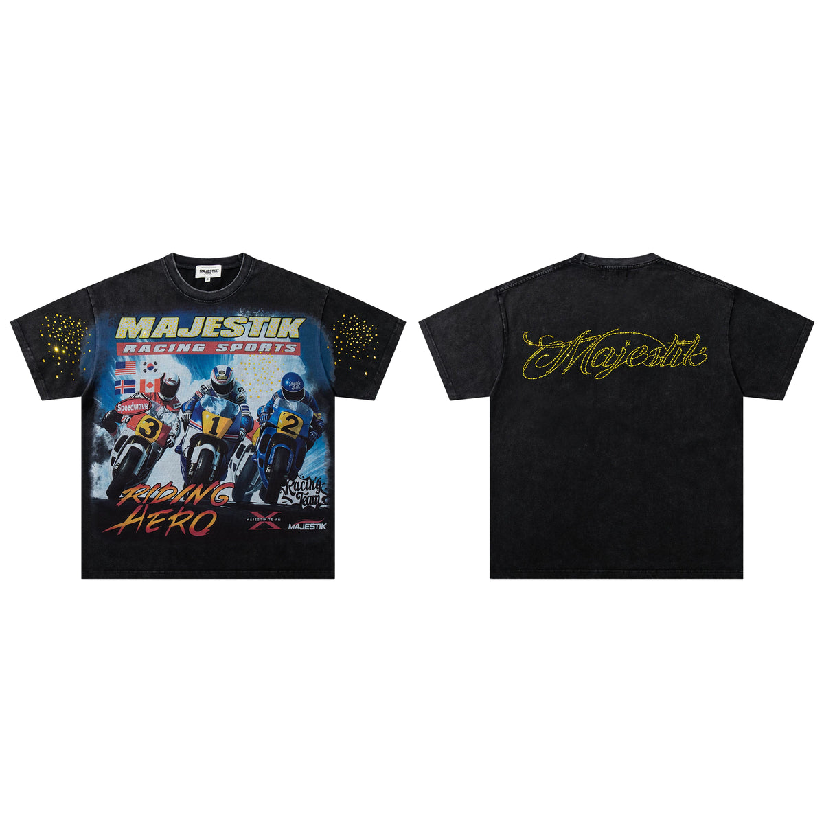 Majestik Racing Sports Riding Hero Motorcycle Riders Vintage Washed Black Oversized Graphic Tee