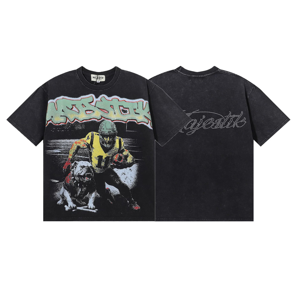 Majestik Zombie Football Player Bulldog Vintage Washed Oversized Graphic Tee