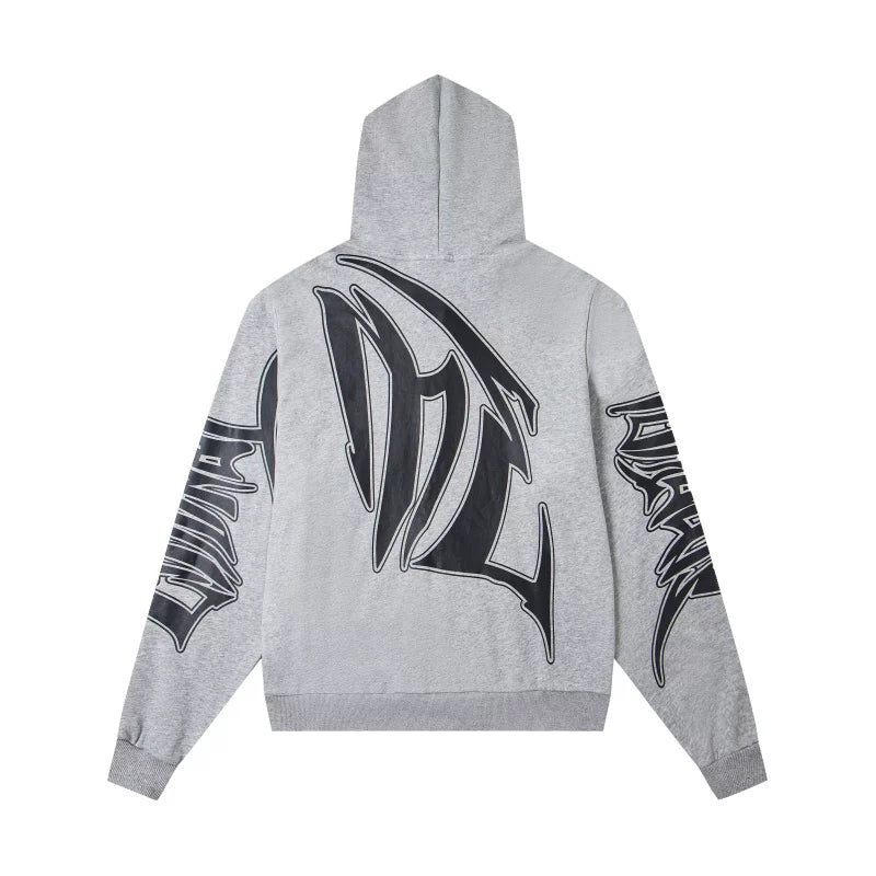 Mixed EMOTION Gothic Wing Letter Heather Gray Full‑Zip Hoodie