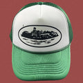 Corteiz Vintage Green and White Trucker Hat with Oval Cruise Ship Graphic