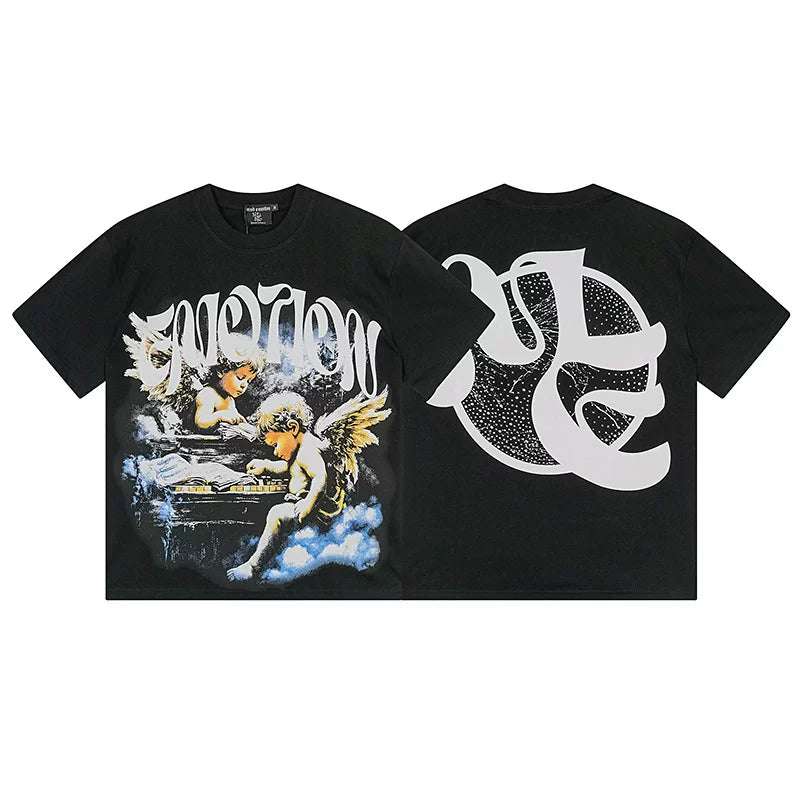 Cherub Angels Cloud Reading Gothic Letter Black Oversized Graphic Tee