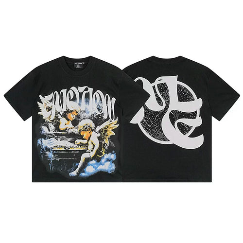 Cherub Angels Cloud Reading Gothic Letter Black Oversized Graphic Tee