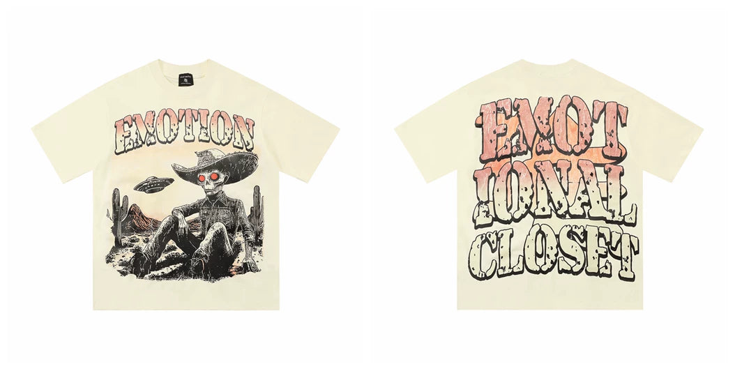 Mixed EMOTION Alien Cowboy Skull UFO Desert Apricot Oversized Graphic Tee