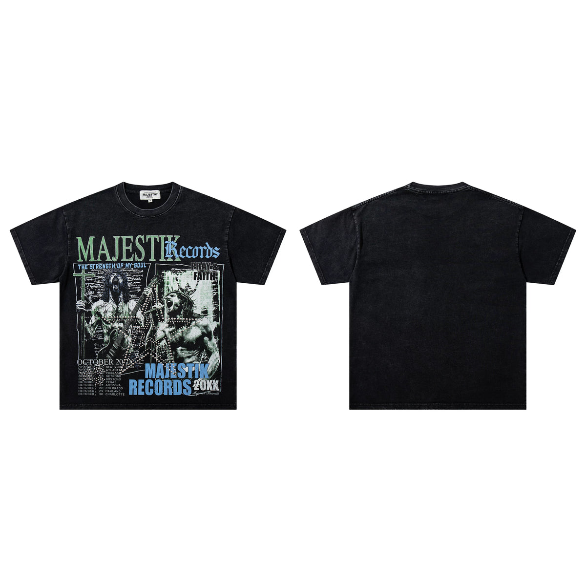 Majestik Records Rock Band Tour Poster Vintage Washed Black Oversized Graphic Tee